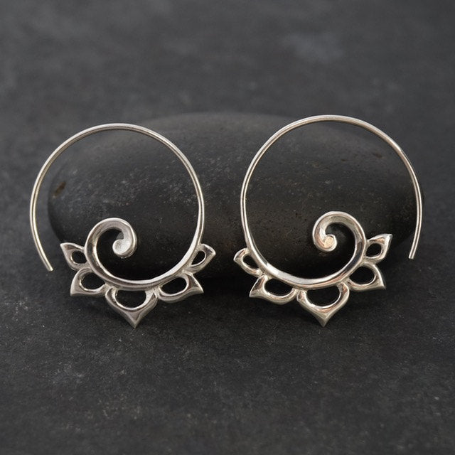 Spiral Earrings - Sterling Silver Lotus Tribal Spirals - Medium (130S)