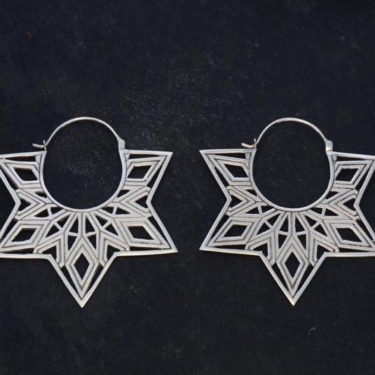 Mandala Earrings - Large Sterling Silver Earrings - Star Hoops - Statement Earrings - Tunnel Earrings - Mandala Jewelry - Boho Hoops (140S)