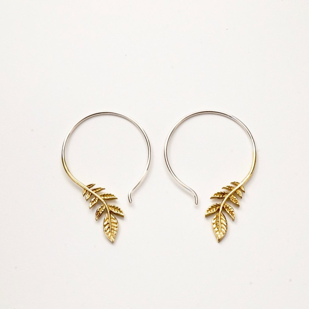 Olive Branch Earrings - Brass with Silver hoop - leaf dangle