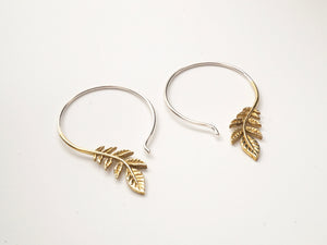 Olive Branch Earrings - Brass with Silver hoop - leaf dangle
