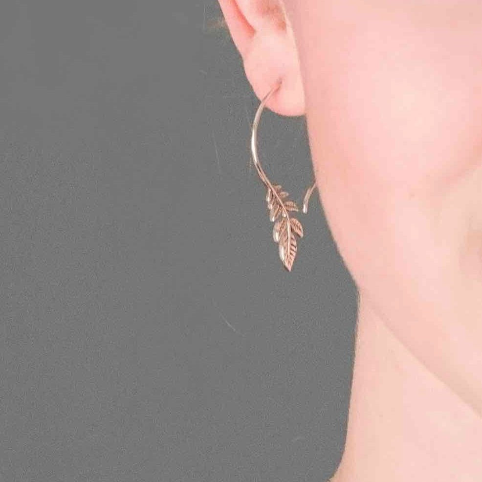 Olive Branch Earrings - Brass with Silver hoop - leaf dangle