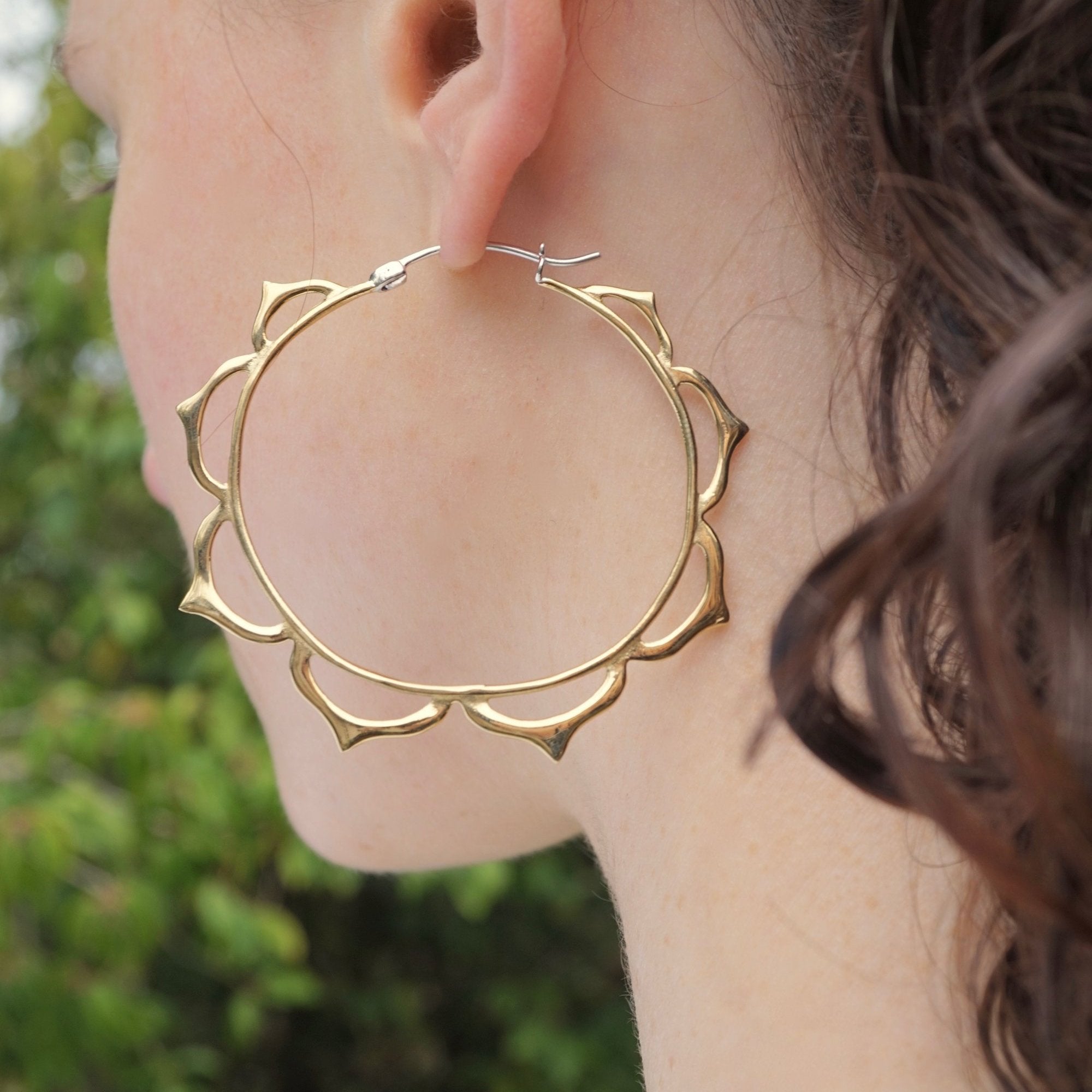 Lotus Mandala Large Gold Hoop Earrings