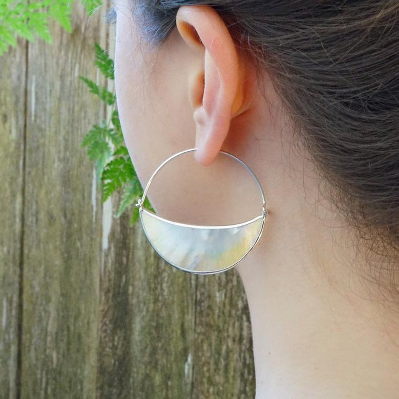 Crescent Moon Earrings  - Mother of Pearl Hoops - Medium Moon Goddess Hoops in Sterling Silver (167S)