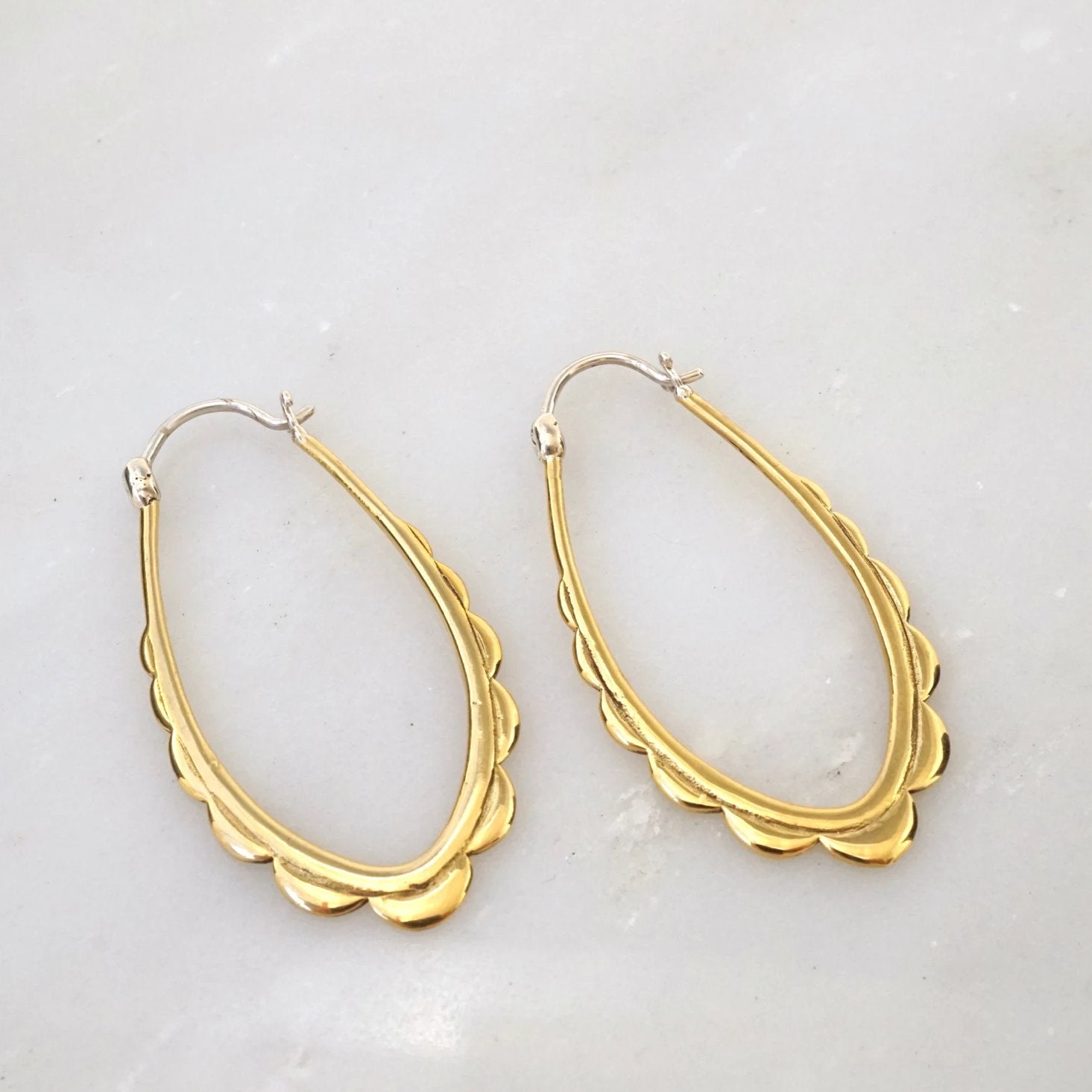 Oval Hoops - Gold-Tone Scalloped Hoop Earrings with solid sterling ear-wire - Everyday Earrings - Delicate Boho Hoops (114B)