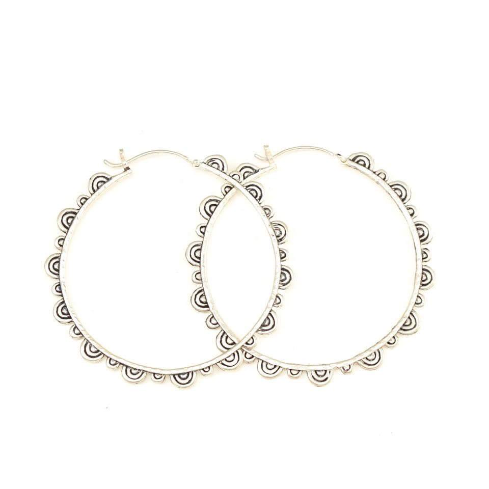 Large Silver Hoop Earrings - Solid Sterling Silver - Boho Chic Hoops - Big Statement Earrings - Yoga Mandala (210S)