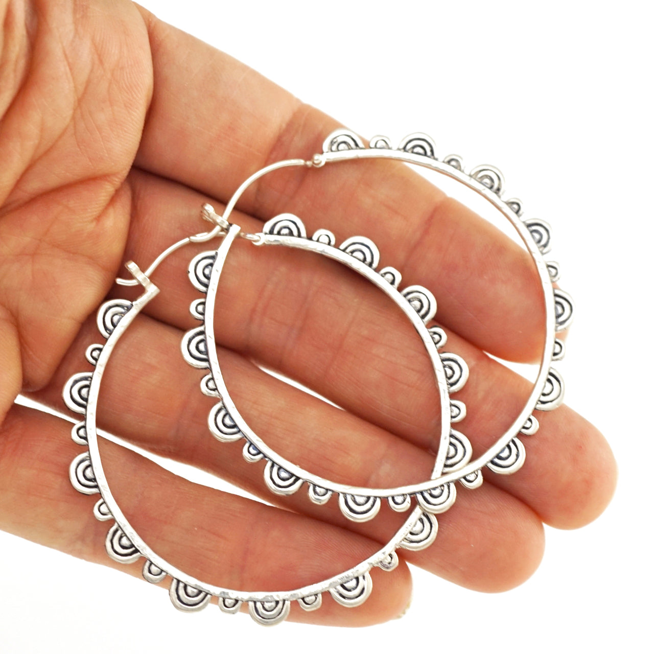 Large Silver Hoop Earrings - Solid Sterling Silver - Boho Chic Hoops - Big Statement Earrings - Yoga Mandala (210S)