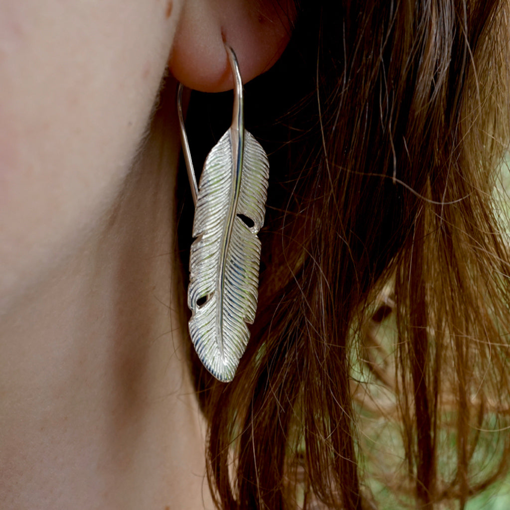 Silver Feather Dangle Earrings  - Solid Sterling Silver (172S)