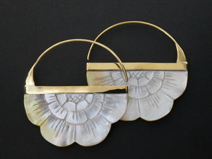 Boho Flower Hoop Earrings in Mother of Pearl - Brass Large