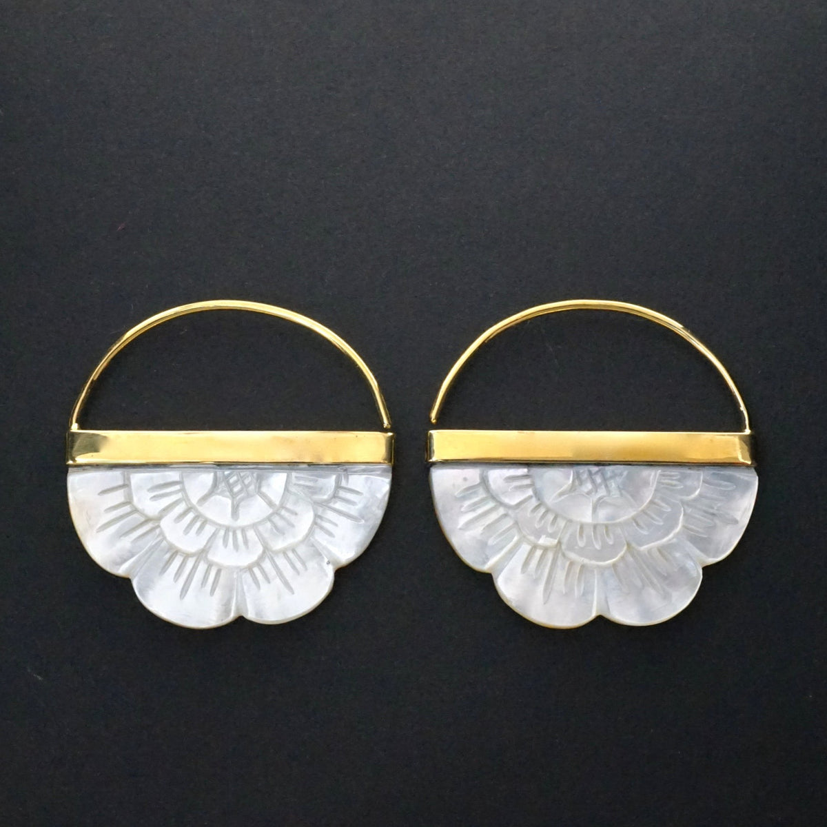 Mother of Pearl Earrings -  Flower hoops with gold-tone bezel - for all standard piercings -  small rising sun (162B)