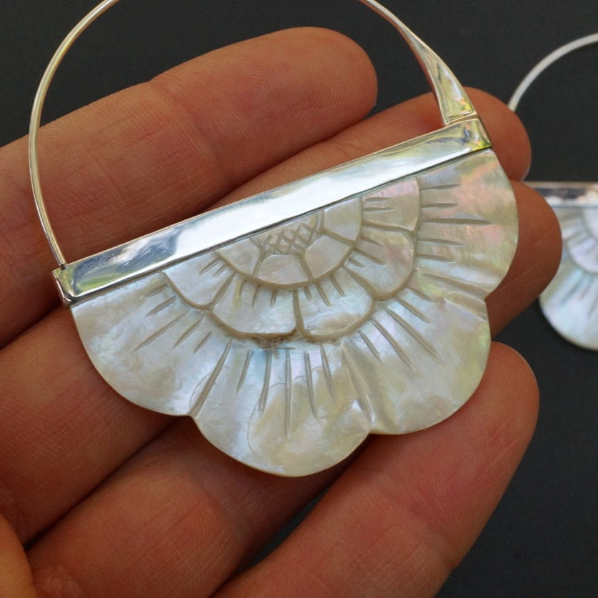 Mother of Pearl Earrings - Large Flower hoops -  Sterling Silver Bezel (S160)