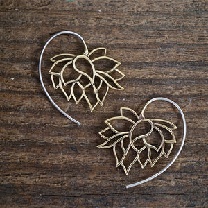 Lotus Flower Tribal Earrings Small Brass  Hoop Earrings with solid sterling ear-wire - gift for her (b158)