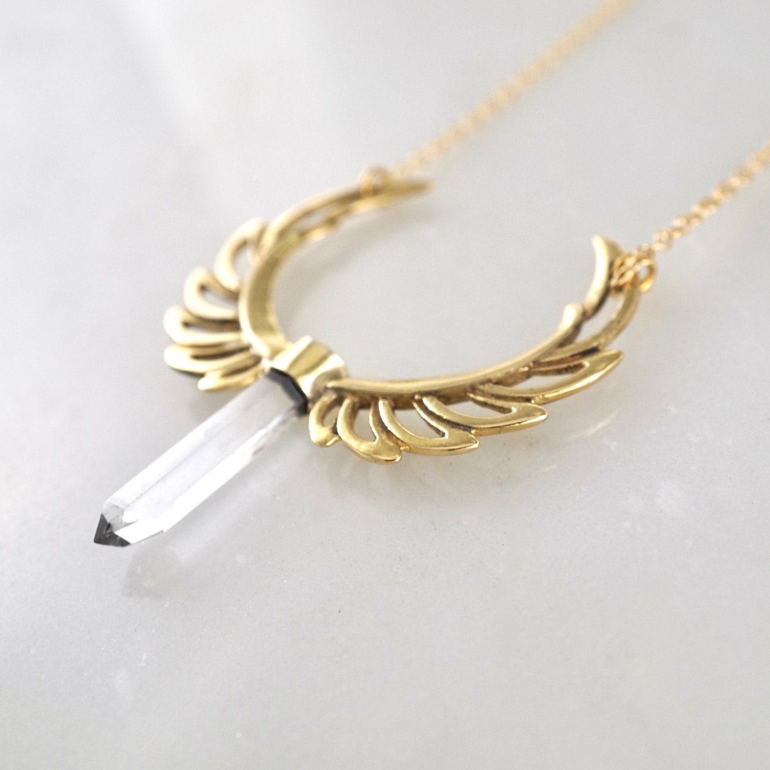 Phoenix Feather Necklace with 14K Gold Filled Chain and Clear Quartz Crystal- Statement Necklace - Goddess  Inspirational Jewelry (B138)