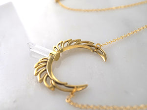 Phoenix Feather Necklace with 14K Gold Filled Chain and Clear Quartz Crystal- Statement Necklace - Goddess  Inspirational Jewelry (B138)