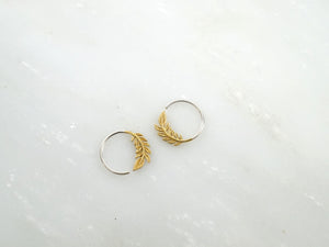 Tiny Leaf Hoop Earrings - Nature Jewelry - Olive Leaf Sleeper - Brass w/ solid sterling hoop 232B