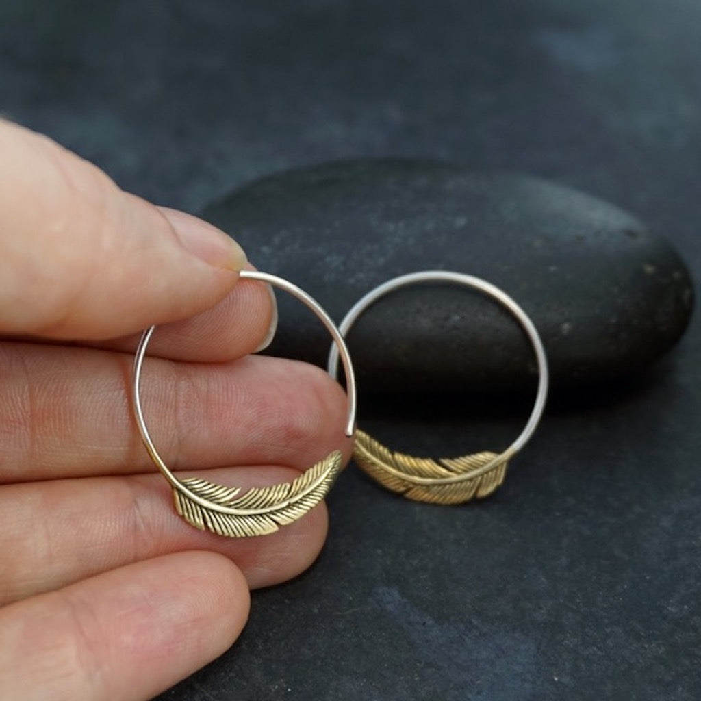 Small Gold Feather Hoop Earrings TheBlissfulCo